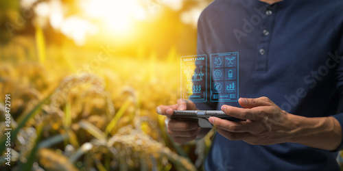Smart Farm UI hologram system control, maintenance, displaying growth information Nutrients, fertilizers, water, insect pests of trees, plants, and vegetables, use technology in agriculture.