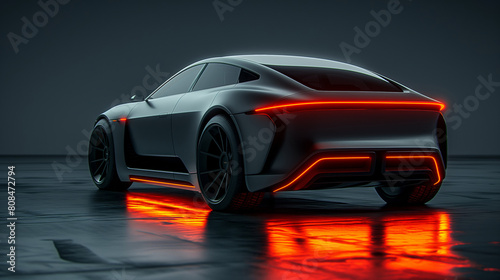 3D Sleek futuristic electric sports car showcased at night on a glossy surface.