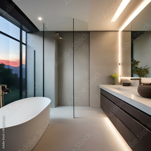 A minimalist bathroom with a freestanding tub  glass shower  and natural stone accents4