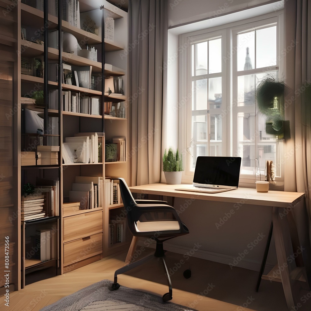 A cozy home office with a desk, ergonomic chair, and shelves filled with books1