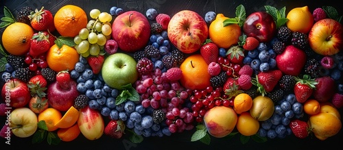 vibrant array of fresh fruits arranged beautifully, including berries, oranges, apples, and grapes