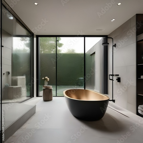 A minimalist bathroom with a freestanding tub  glass shower  and natural stone accents3