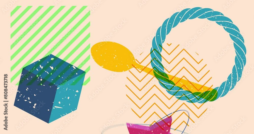 Risograph spoon with geometric shapes animation. Moving object in trendy riso graph design video.