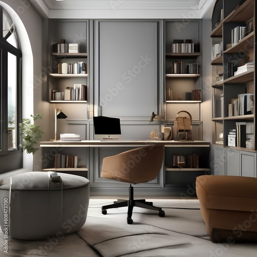 A stylish home office with a desk, ergonomic chair, and shelves filled with books2 photo