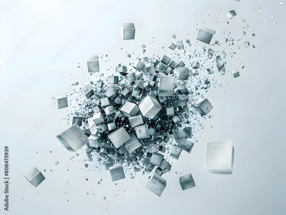 Deconstructed Explosion of Floating Cubes Against Pristine White Background Deconstructed Explosion of Floating Cubes Against Pristine White Background