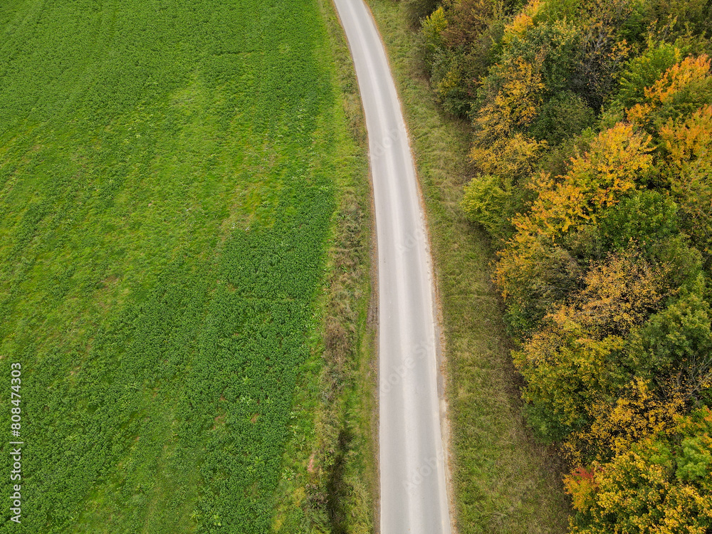 View from above of a asphalt road in the countryside with grass and autumnal trees