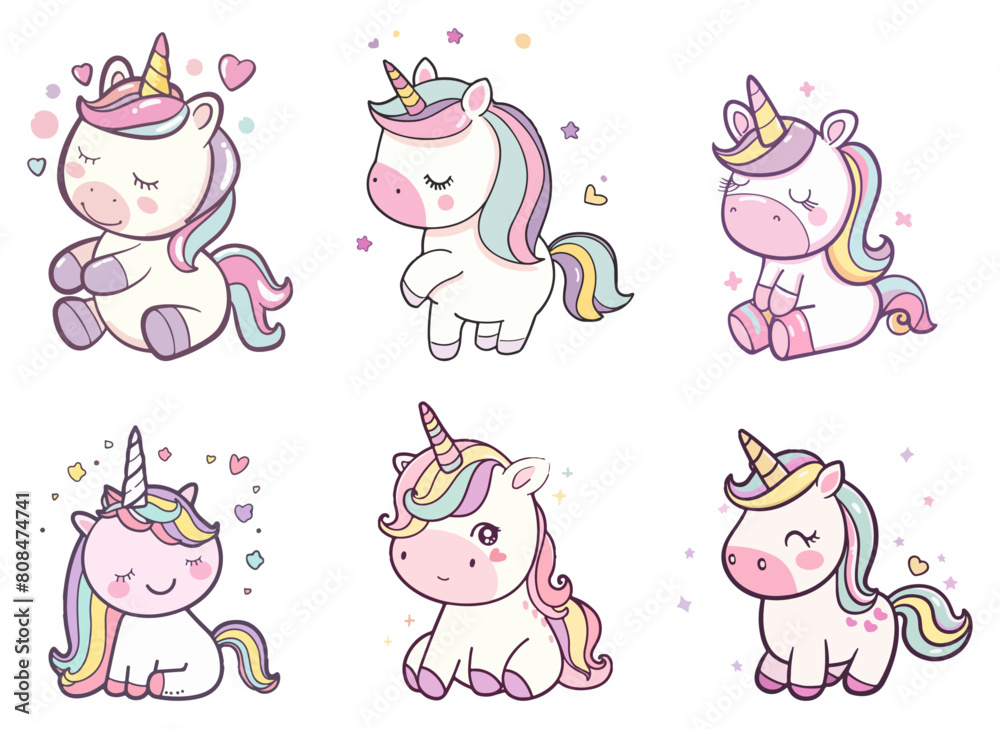 set of multiple cute unicorn cartoon in pastel colors. girl kid elements for fun birthday, t-shirt, sticker. printable design.