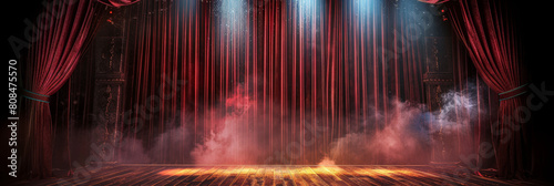 empty theater stage  with red  curtains Show Spotlight and smoke  empty stage
