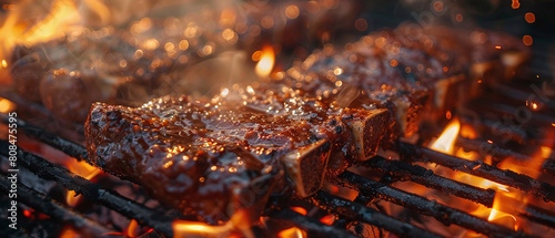 Hot and juicy beef steak sizzling on the flaming grill photo