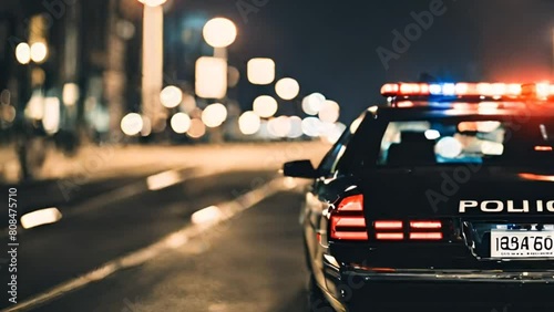 Blue light flasher atop of a police car. City lights on the background. photo