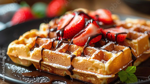 Macro view of a Belgian waffle, loaded with chocolate and strawberries photo