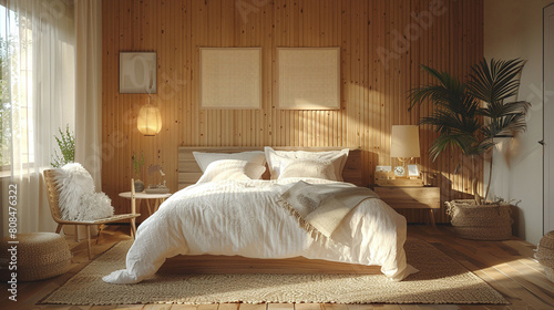 Scandinavian bedroom interior with wooden walls and white bedding. There is a large window, a plant, and a gray rug on the floor. The bed has a white duvet cover and two pillows photo