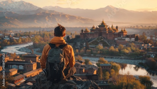 Capture the harmony between tradition and modernity in minimalist travel with high-detail shots of a traveler using a solar-powered charger against the backdrop of ancient monasteries.
