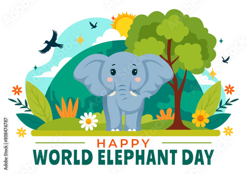 Happy World Elephant Day Vector Illustration on 12 August with Elephants Animals for Salvation Efforts and Conservation in Flat Cartoon Background