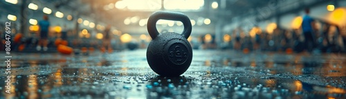 A black kettlebell is placed on the gym floor, with people exercising in the background, creating a dynamic atmosphere 8K , high-resolution, ultra HD,up32K HD