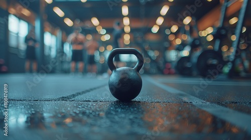 In a gym setting, a black kettlebell sits on the floor while people exercise in the background, their forms in motion 8K , high-resolution, ultra HD,up32K HD photo