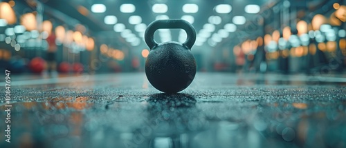 A black kettlebell rests on the gym floor, with people exercising in the background, their movements blurred 8K , high-resolution, ultra HD,up32K HD photo