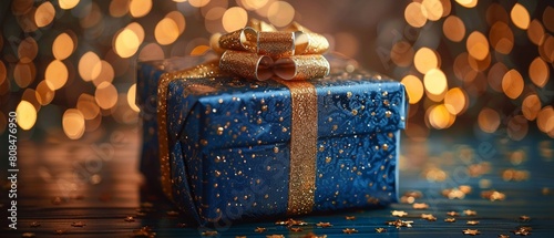 A stunning blue gift box, tied with a shiny gold ribbon and bow, resting on a table with a soft, warm lightfilled background 8K , high-resolution, ultra HD,up32K HD photo