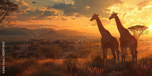 Two giraffes are standing in the savannah during sunset  with mountains and trees visible in the background.