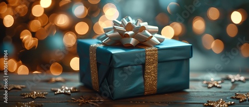 A stunning blue gift box, tied with a shiny gold ribbon and bow, resting on a table with a soft, warm lightfilled background 8K , high-resolution, ultra HD,up32K HD photo