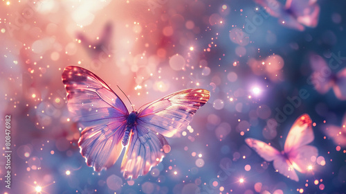 a beautiful butterfly with a pink and blue gradient on its wings. The butterfly is flying in a magical forest with a lot of sparkles and a beautiful bokeh in the background