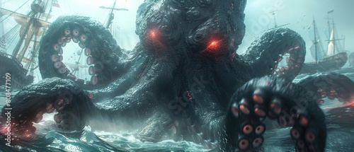 A colossal sea monster, resembling an octopus, with menacing red eyes, emerges from the ocean depths, encircled by ships 8K , high-resolution, ultra HD,up32K HD photo