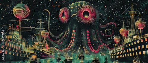 A gigantic, octopuslike creature, its red eyes glowing ominously, emerges from the sea, surrounded by a fleet of ships photo