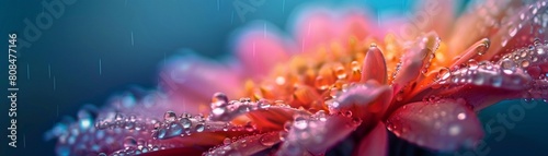 A gorgeous macro shot of a flower with pink and orange petals, covered in clear raindrops, against a dark blue background, highlighting the delicate beauty of nature 8K , high-resolution, ultra HD,up3 photo