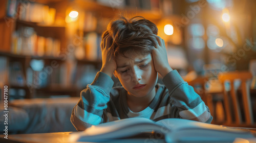 A boy sits at his desk, looking stressed as he reviews an English textbook. photo