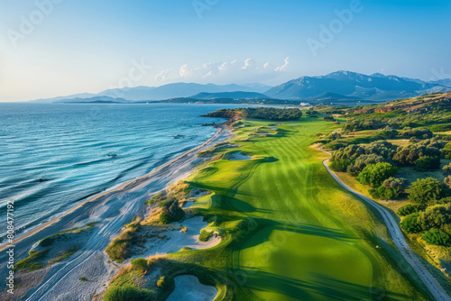 An aerial view showcases the Golf Course, highlighting its greenery and sand areas on hole number six by the sea with mountains in the background. photo