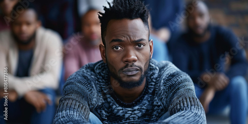 A black man with short hair and a beard, wearing jeans and a sweater, is sitting in the center of a therapy group looking sad. photo
