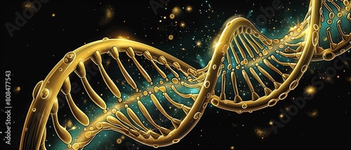 A golden and blue DNA helix, its colors softly glowing against the black canvas of space photo
