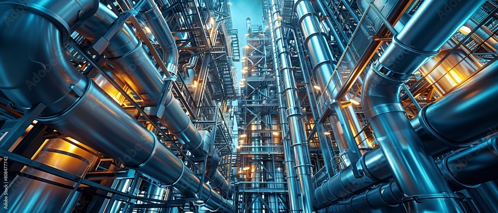 A factory or refinery with a maze of pipes and catwalks, showcasing the industrial nature of the facility 8K , high-resolution, ultra HD,up32K HD A factory or refinery with a maze of pipes and catwalks, showcasing the industrial nature of the facility 8K , high-resolution, ultra HD,up32K HD