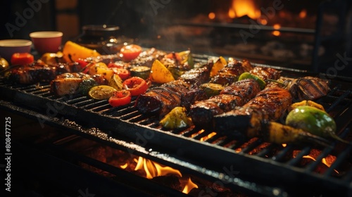 Realistic grilled barbeque with melted barbeque sauce and cut vegetables  black and blur background