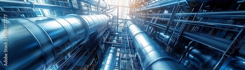 An industrial building with a network of pipes running along its exterior, connected by catwalks that crisscross the structure 8K , high-resolution, ultra HD,up32K HD photo