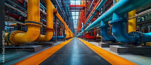 An elaborate system of pipes spans the area, with different sections colorcoded for easy identification in the complex network 8K , high-resolution, ultra HD,up32K HD photo