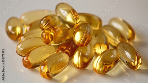 fish oil supplement capsule isolated on white background, Healthy Vitamins, Food supplement oil filled fish oil, rice bran oil, omega 3, vitamin A, vitamin D, vitamin, Yellow soft gel capsule