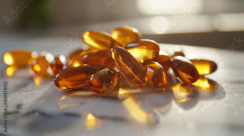 fish oil supplement capsule isolated on white background, Healthy Vitamins, Food supplement oil filled fish oil, rice bran oil, omega 3, vitamin A, vitamin D, vitamin E. Yellow soft gel capsule 