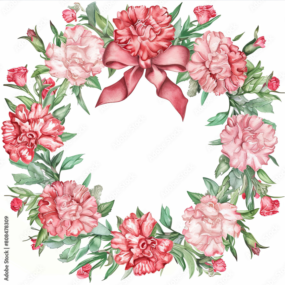 the wreath is made of red and pink carnations, green leaves, generative AI the wreath is made of red and pink carnations, green leaves, generative AI