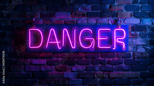 DANGER neon sign. purple and blue glow. neon text. Brick wall lit by neon lamps. Night lighting on the wall. 3d render. DANGER neon sign. purple and blue glow. neon text. Brick wall lit by neon lamps