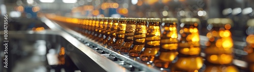 Brewery conveyor with glass beer bottles  showcasing the modern production line in a beer factory