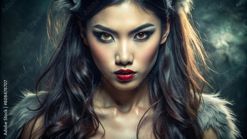 Portrait of a werewolf woman with elegant hair and glamorous makeup in a black studio setting, showcasing beauty and style