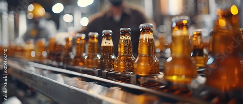 Closeup of a quality control inspector in a brewery, checking the clarity and fill level of beer bottles on the bottling line 8K , high-resolution, ultra HD,up32K HD photo