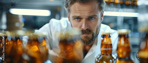 Inspector on a brewery bottling line examining the fill level and clarity of beer bottles, ensuring quality control 8K , high-resolution, ultra HD,up32K HD