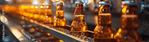 Closeup of beer bottles being filled on a conveyor belt, showing the meticulousness of the operation 8K , high-resolution, ultra HD,up32K HD