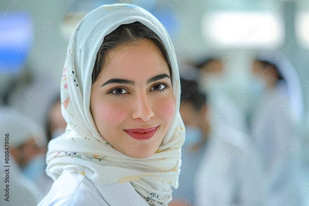 Portrait of a smiling Muslim female doctor. Closeup portrait of young confident Muslim female healthcare worker wear hijab scarf in clinic or hospital Portrait of a smiling Muslim female doctor. Closeup portrait of young confident Muslim female healthcare worker wear hijab scarf in clinic or hospital