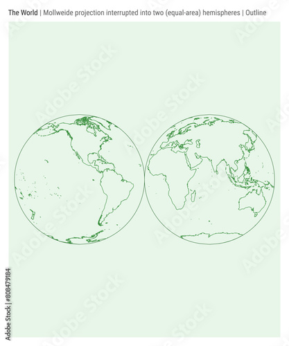 World Map. Mollweide projection interrupted into two equal-area hemispheres. Outline style. High detail world map for infographics, education, reports, and presentations. Vector illustration.