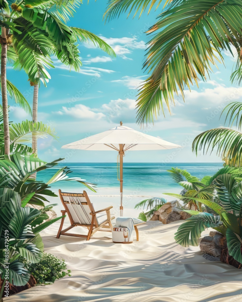 beach with palm trees and beach chair
