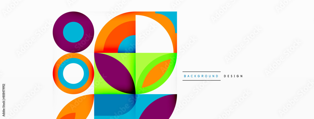 A vibrant geometric design featuring colorful circles and squares on a white background. The pattern includes symmetry, tints and shades, and electric blue accents A vibrant geometric design featuring colorful circles and squares on a white background. The pattern includes symmetry, tints and shades, and electric blue accents