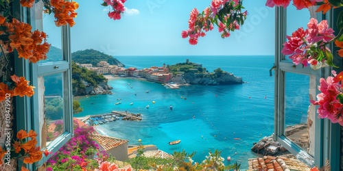 View of the Mediterranean Sea from the open window. Flowers overlooking the ocean and coastal towns. Picturesque coastal landscape. sea ​​view coastal resort，Breathtaking Mediterranean Coastal Land
